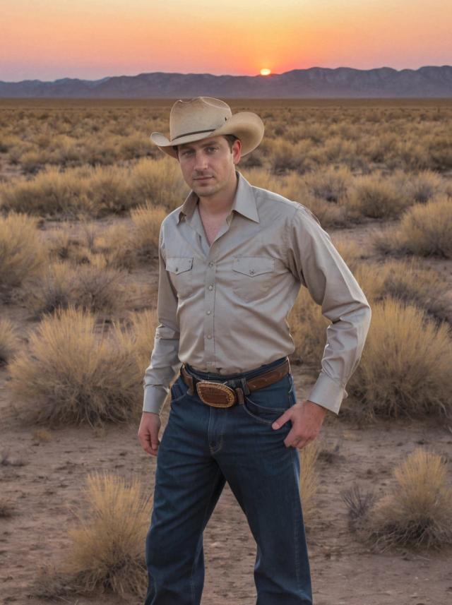 portrait photo of a caucasian man standing with a confident pose on a desert field, he is wearing a cowboy outfit, setting sun in the background
