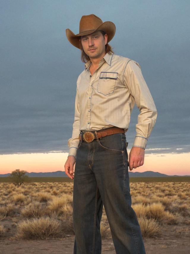 low angle portrait photo of a caucasian man standing with a confident pose on a desert field, he is wearing a cowboy outfit