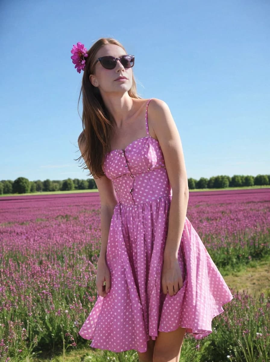 portrait photo of a beautiful woman with ginger hair standing on a beautiful magenta flower field, she is wearing a pink polkadot dress and sunglasses, with a flower on her hair