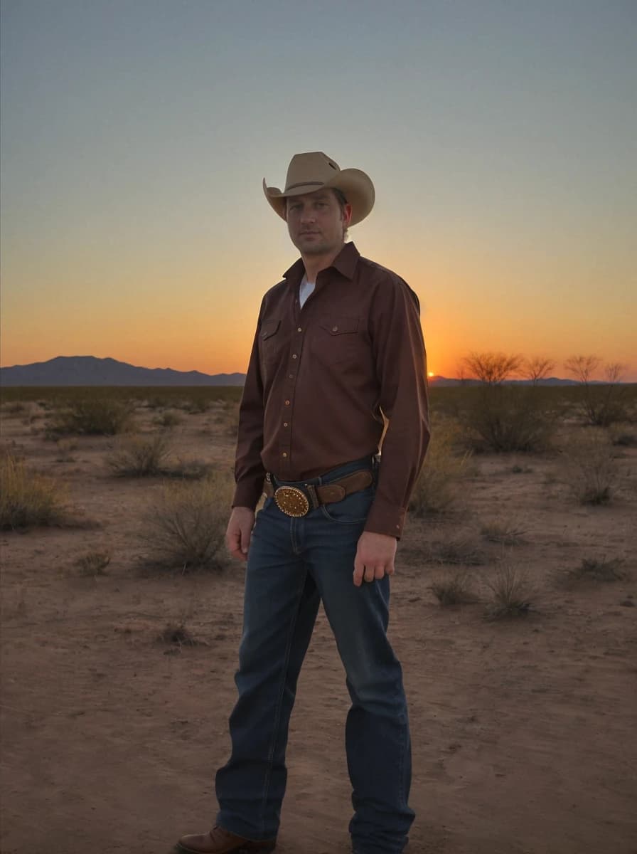 portrait photo of a caucasian man standing with a confident pose on a desert field, he is wearing a cowboy outfit, setting sun in the background