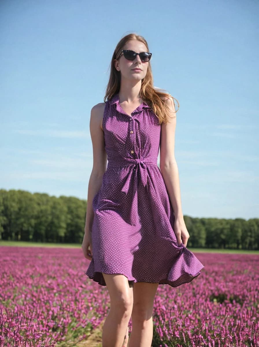 low angle portrait photo of a beautiful woman with ginger hair walking on a beautiful magenta flower field, she is wearing a violet dress and sunglasses