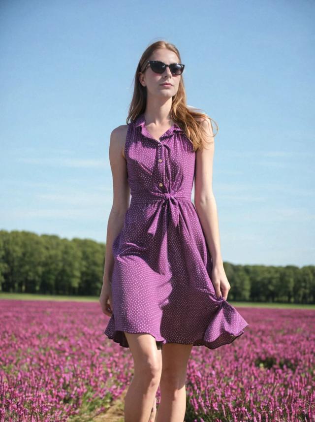 low angle portrait photo of a beautiful woman with ginger hair walking on a beautiful magenta flower field, she is wearing a violet dress and sunglasses