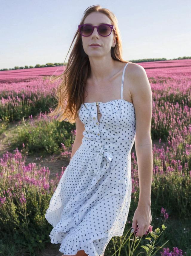 portrait photo of a beautiful woman with ginger hair standing on a beautiful magenta flower field, she is wearing a white polkadot dress and violet sunglasses