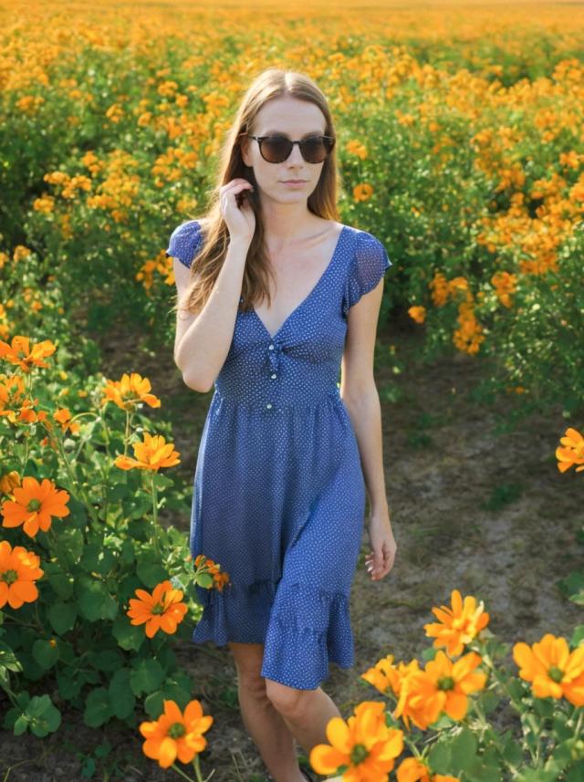 portrait photo of a beautiful woman with blonde hair standing on a field with beautiful orange flowers, she is wearing a blue dress and sunglasses