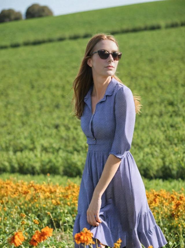 portrait photo of a beautiful woman with blonde hair walking on a beautiful flower field, she is wearing a blue polkadot dress and sunglasses while looking away