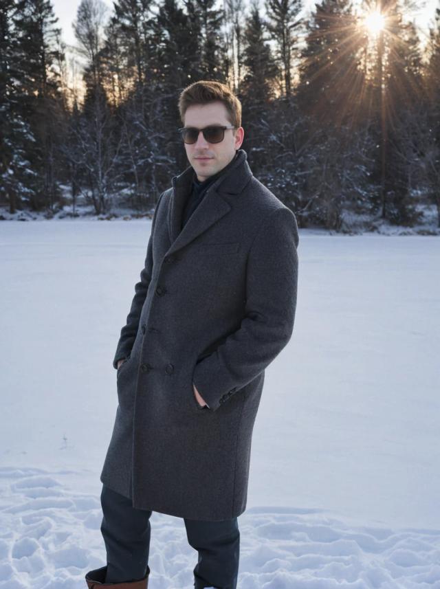 portrait photo of a caucasian man with a confident expression posing on a snowy field, he is wearing a long dark winter coat, boots, and sunglasses, pine trees and setting sun in the background