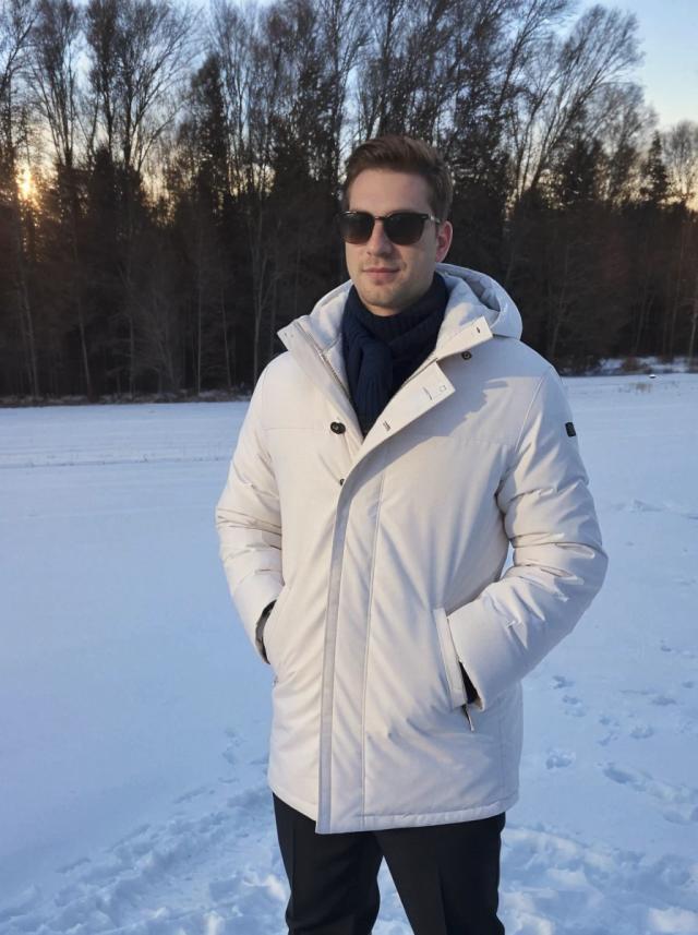 portrait photo of a caucasian man with a confident expression standing on a snowy field, he is wearing a white winter coat, dark pants, and sunglasses, trees and setting sun in the background