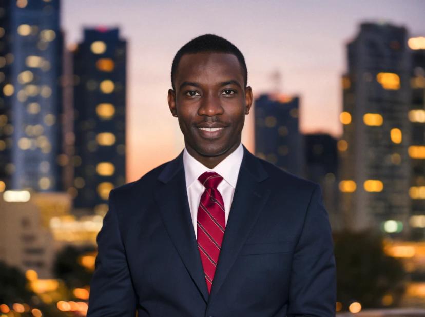 wide professional headshot photo of a young black business man with short hair and a nice smile, wearing a navy suit and a red striped tie. He is standing against luminous office buildings at dusk