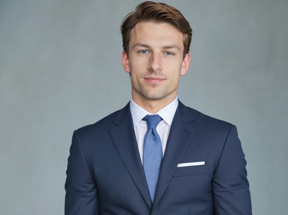 wide professional headshot photo of a handsome caucasian business man with a slight smile wearing a navy suit, a white dress shirt and a light blue tie, standing against a grayish solid background