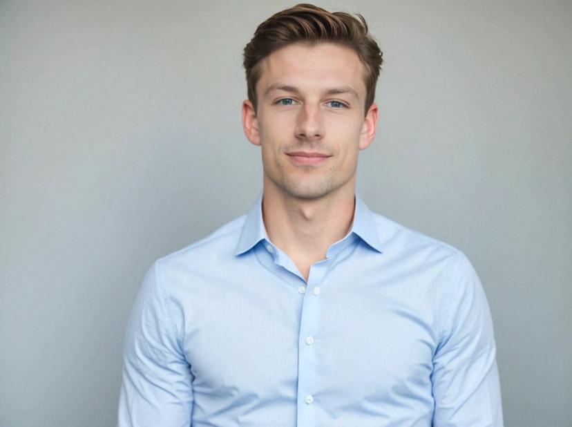 wide professional headshot photo of a handsome caucasian business man with a slight smile wearing a light blue button-up shirt, standing against a grayish solid background