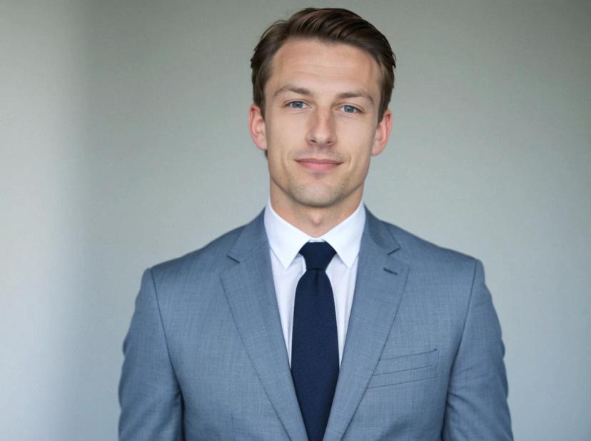 wide professional headshot photo of a handsome caucasian business man with a slight smile wearing a gray-blue suit, a white dress shirt and a navy tie, standing against a solid off-white background