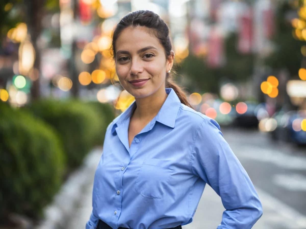 wide professional headshot photo of a business woman with a slight smile and tied hair, standing in a vibrant city street with bokeh effect. She is wearing a light-blue button-up shirt