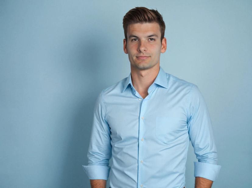 wide professional headshot photo of a young business man wearing a light blue dress shirt, standing against a solid light blue backdrop