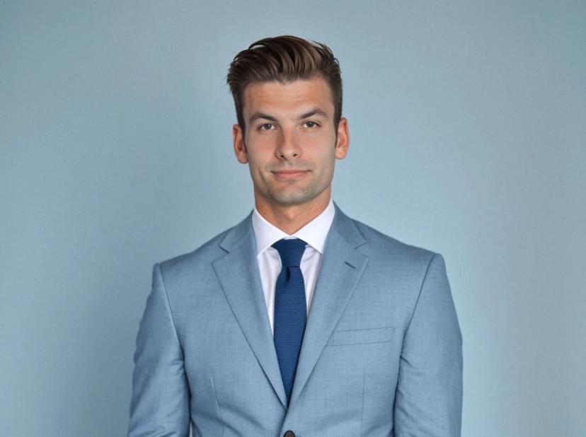 wide professional headshot photo of a young business man wearing a petrol blue blazer, a white shirt and a blue tie, standing against a solid light blue backdrop