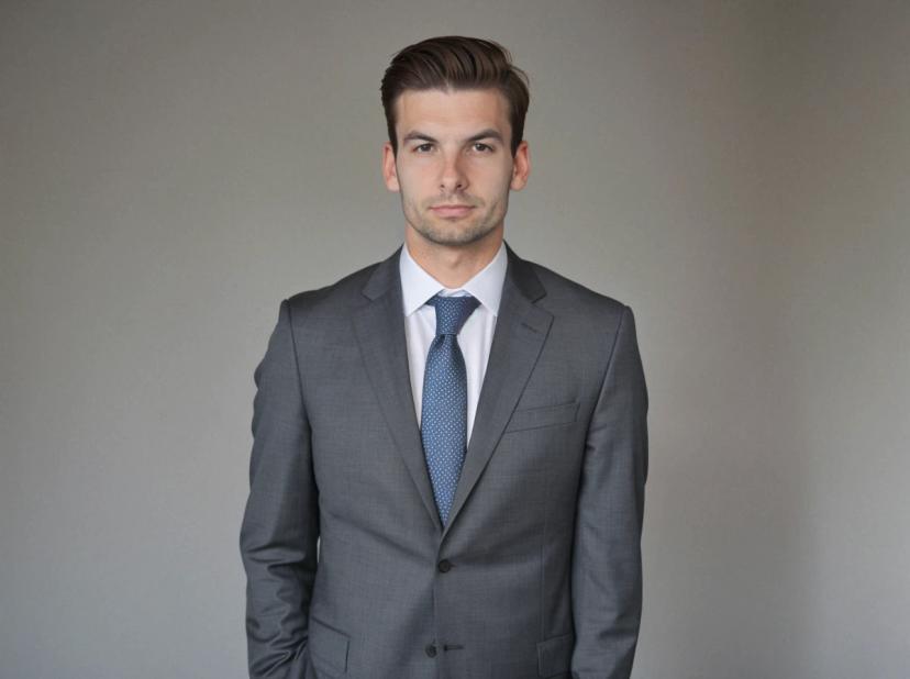 wide professional headshot photo of a young business man wearing a petrol dark gray blazer, a white shirt and a blue dotted tie, standing against a solid gray backdrop