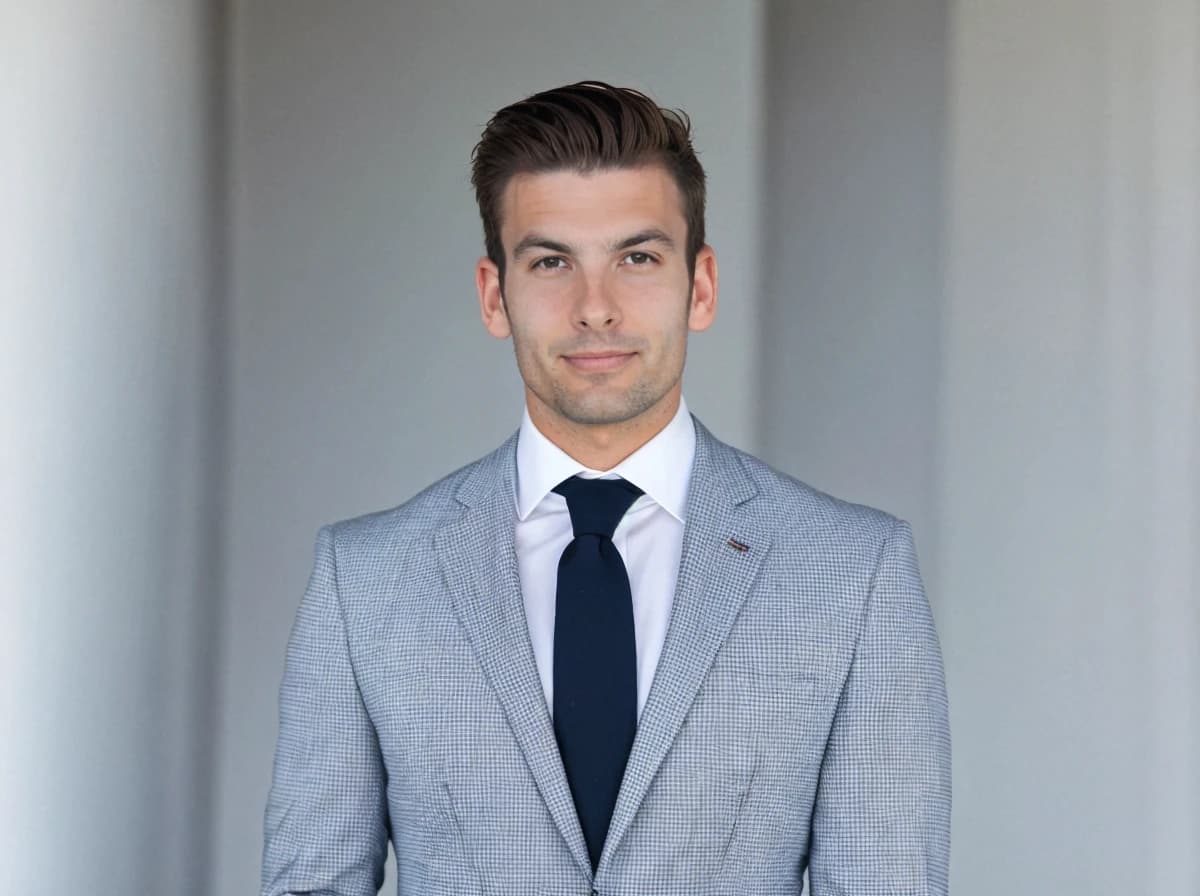 A man in a business suit stands against a neutral background. He is wearing a white shirt with a dark tie, and his hair is neatly combed. The lighting is soft and even, highlighting his features without harsh shadows