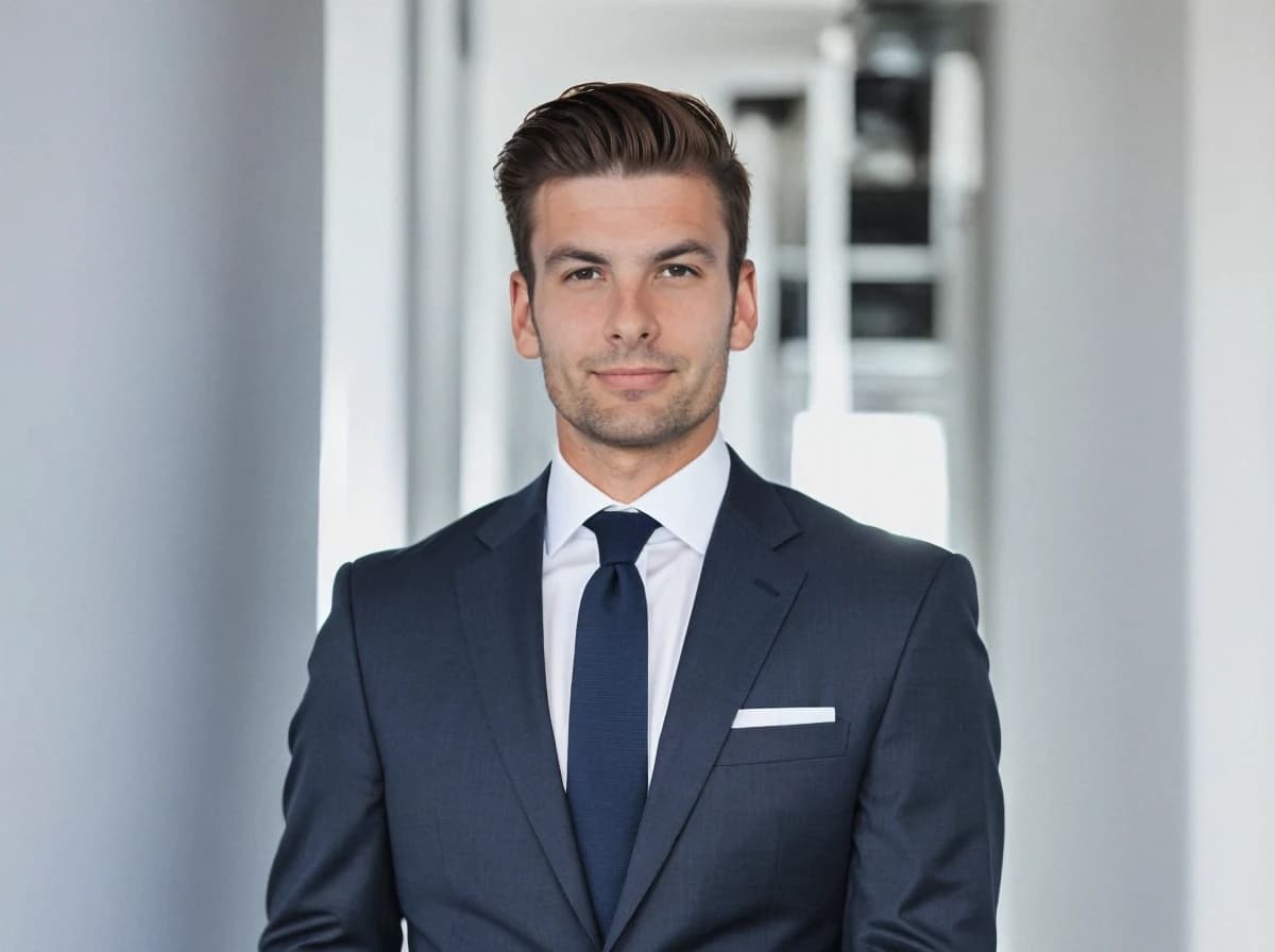 A man in a formal suit stands in an indoor setting with white columns. He is wearing a navy blue suit with a white shirt and a dark blue tie. His hair is neatly styled, and he has a slight smile on his face. The lighting is bright, and the overall atmosphere is professional