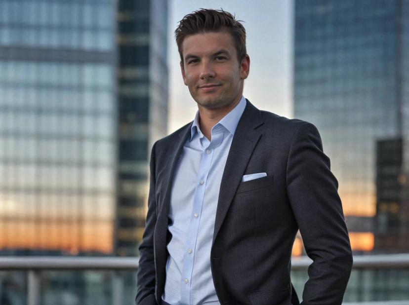 A man in a business suit stands on a balcony with a city skyline in the background during sunset