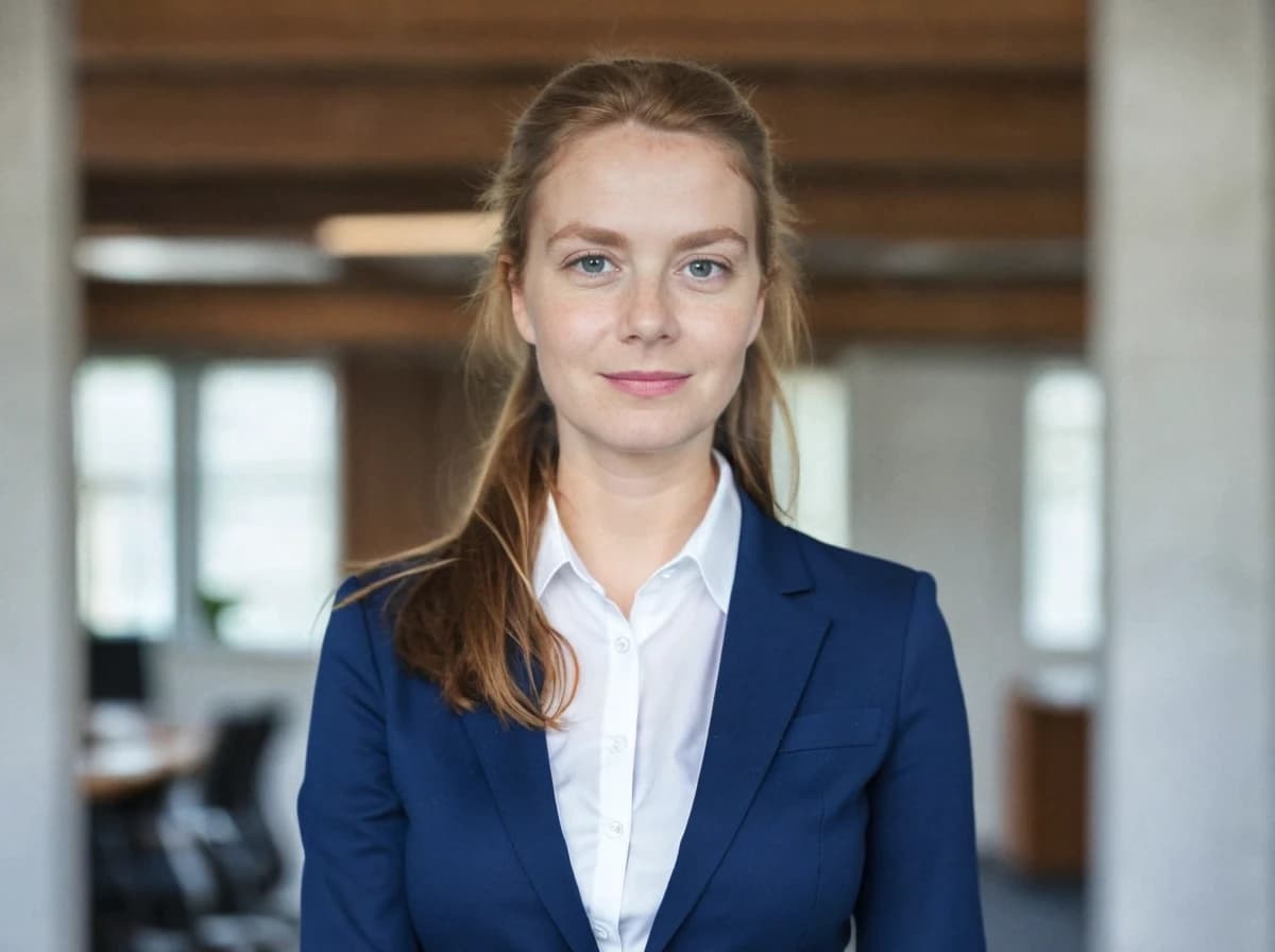 wide professional headshot photo of a young business woman with tied blonde hair wearing a blue blazer over a white dress shirt. She is standing in an office setting