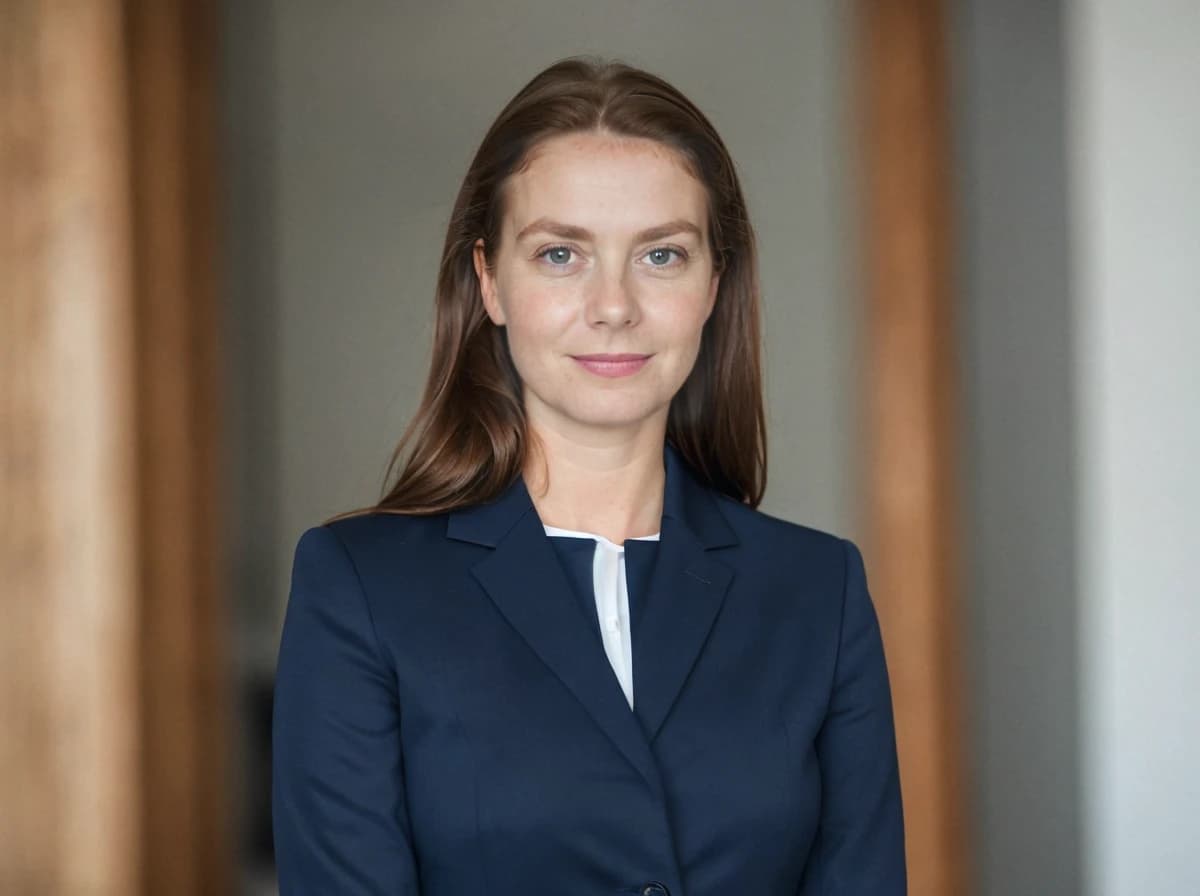 A woman with long brown hair, wearing a navy blue blazer over a white shirt, stands in an indoor setting with wooden doors in the background