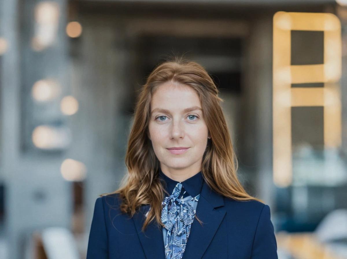 A woman with long blonde hair, wearing a blue blazer and a patterned scarf, is standing in an indoor setting with a blurred background featuring a staircase and indistinct interior elements