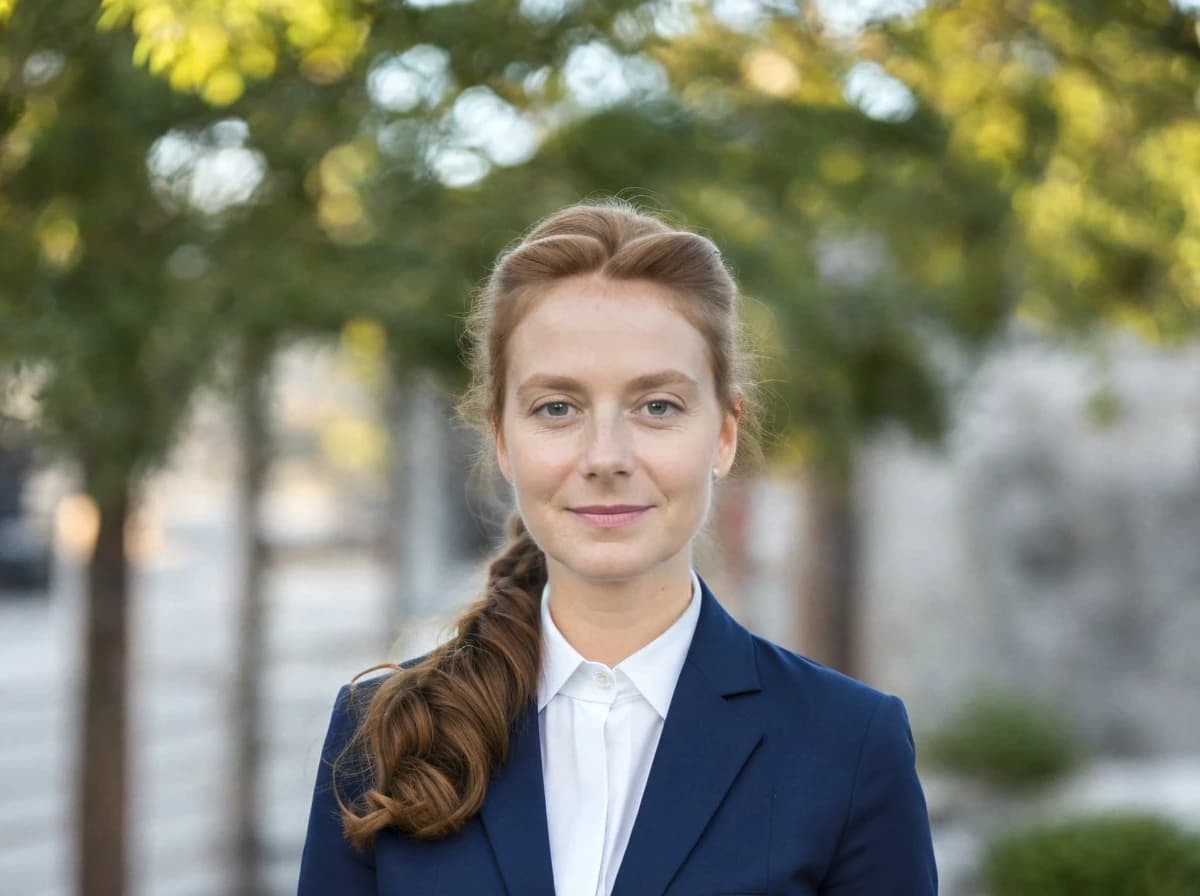 A woman with red hair, wearing a blue blazer and a white shirt, is standing outdoors with trees and a blurred background