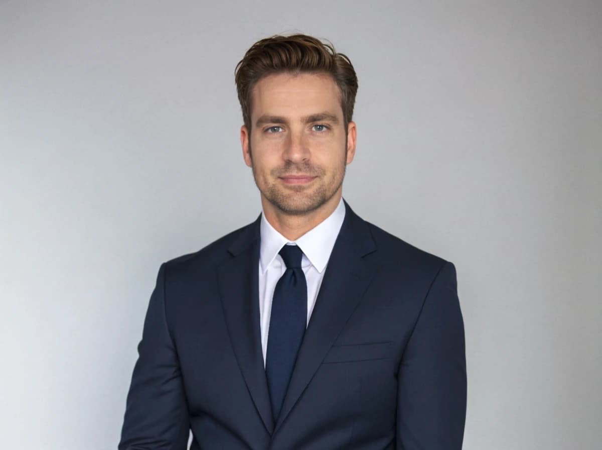 A man in a formal suit with a white shirt and dark tie stands against a plain background.