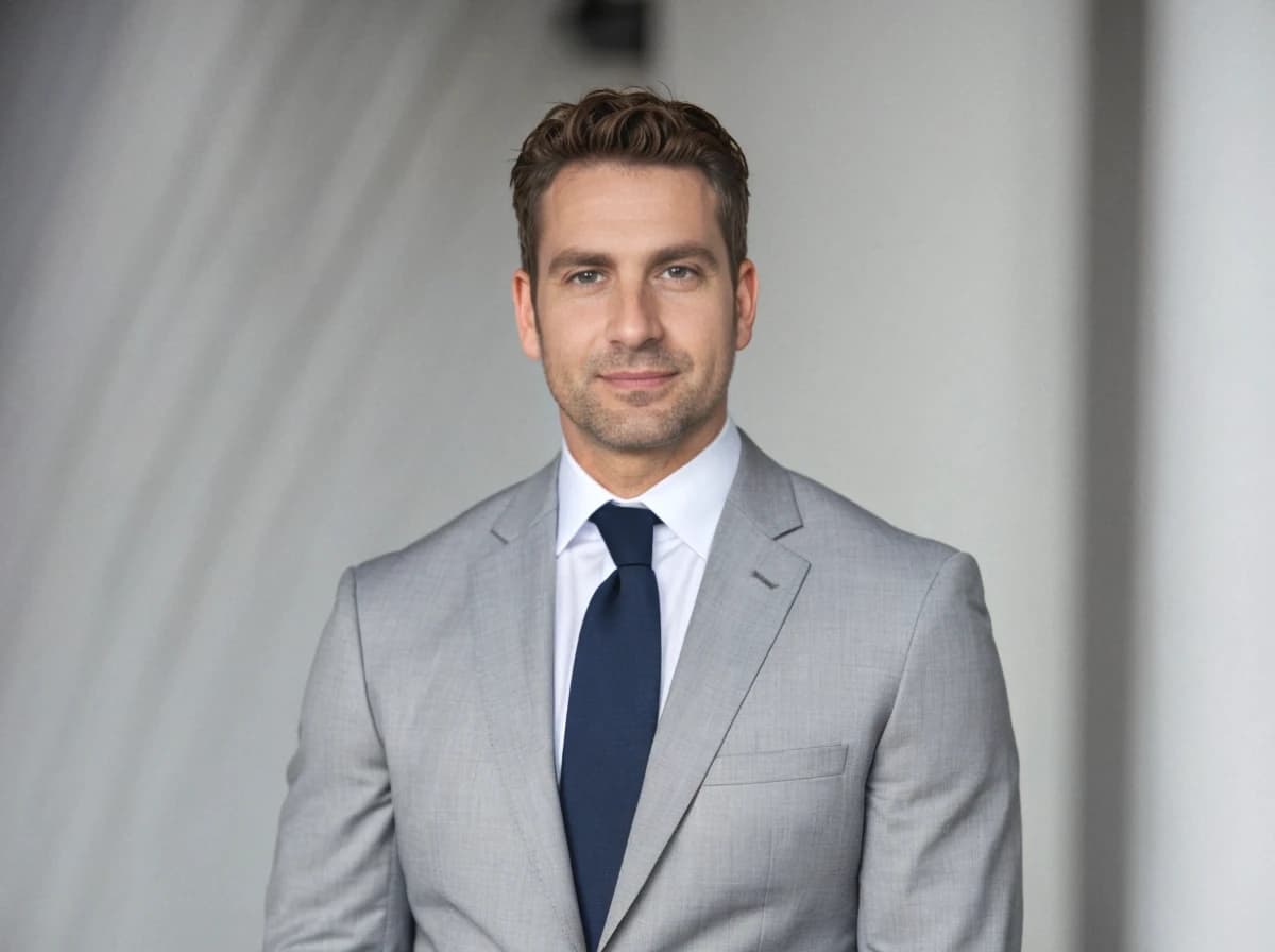 A man in a light grey suit with a white shirt and navy blue tie stands against a light background.