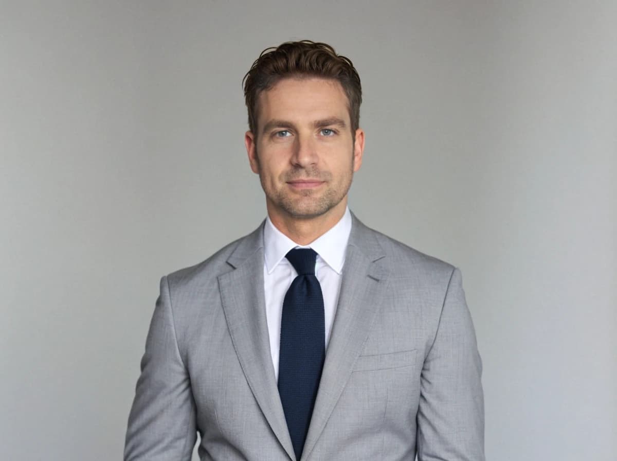 A man in a grey suit with a white shirt and dark blue tie stands against a grey background.