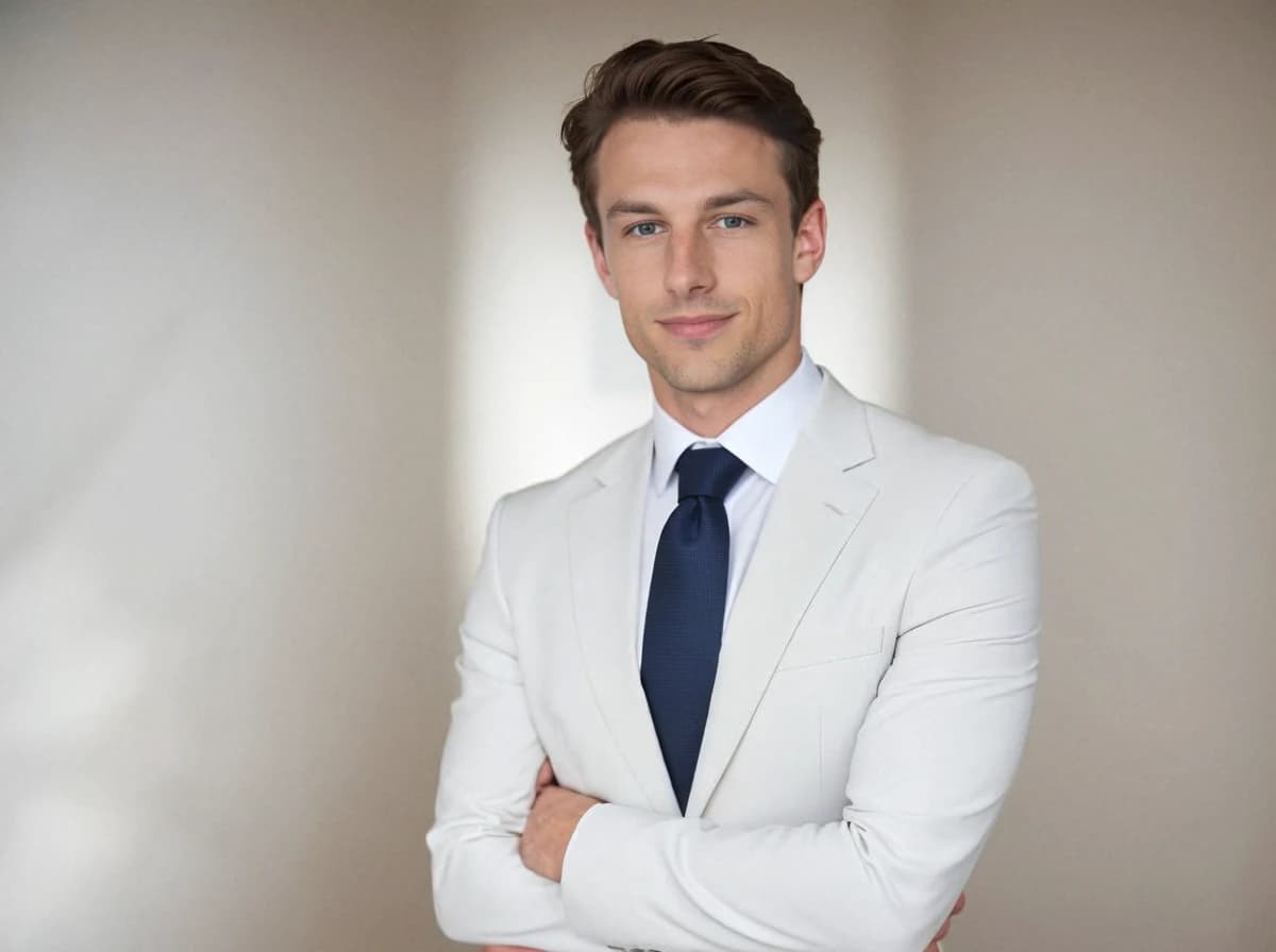 a young man dressed in a formal white suit paired with a navy blue tie. He is standing confidently with his arms crossed, exuding a professional and polished appearance