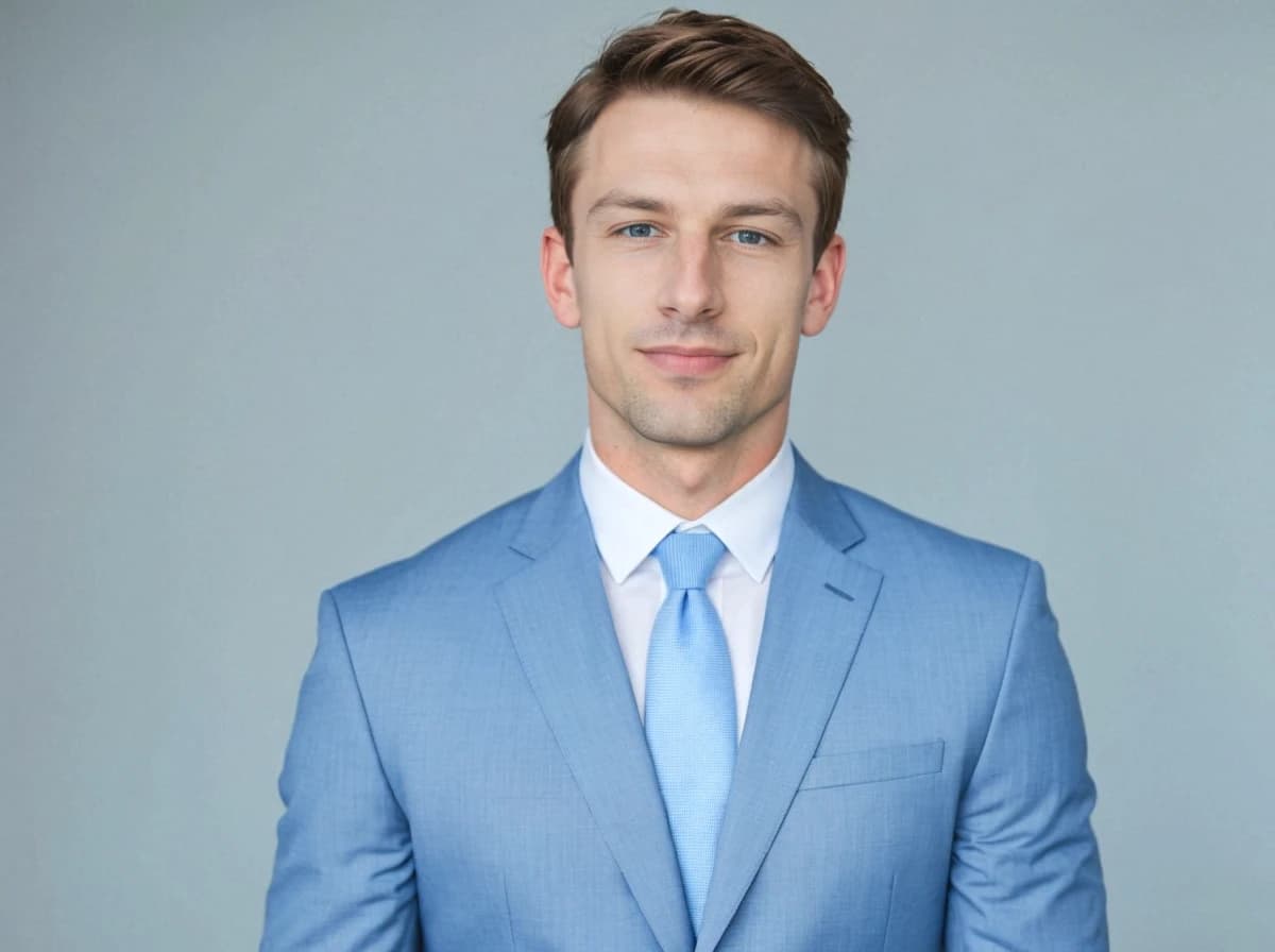 a young man with short, neatly styled brown hair wearing a light blue suit that matches his blue tie, which is neatly tied. He has a slight smile on his face and is looking directly at the camera, giving the impression of confidence and professionalism. The background is a plain, light grey color