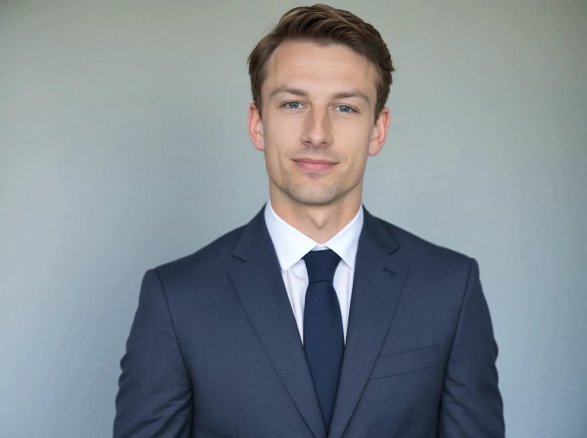 A man wearing a dark blue suit with a white shirt and a dark blue tie. The background is a plain, light grey color.