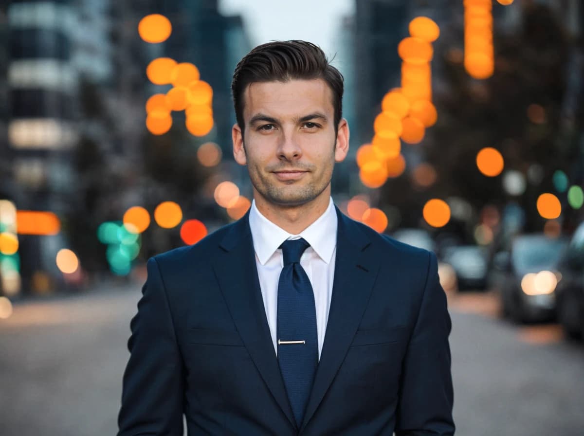 A man in a dark suit with a white shirt and a dark tie, standing in the foreground with a blurred city street in the background. The man is looking directly at the camera with a serious expression