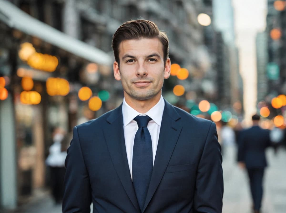 A man in a dark suit stands in the foreground of a busy city street at dusk, with bokeh lights in the background