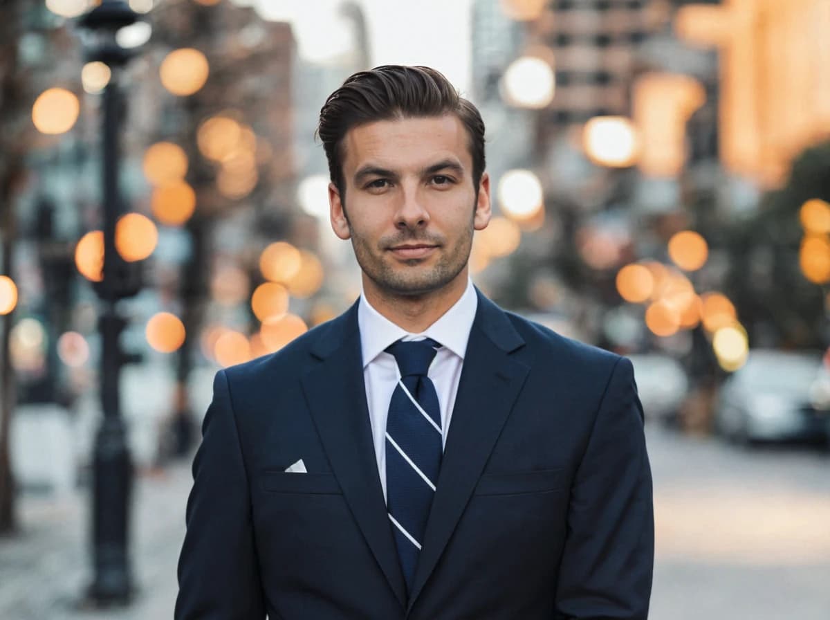 A man in a dark suit with a white shirt and a striped tie stands on a city street with bokeh lighting in the background