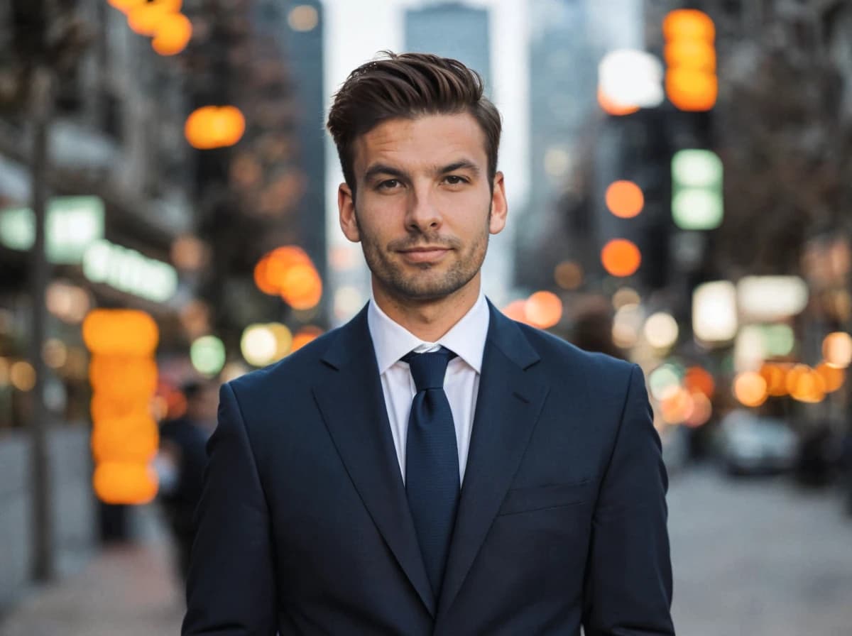 A man in a dark suit stands in the foreground of a busy city street at night, with blurred lights and buildings in the background