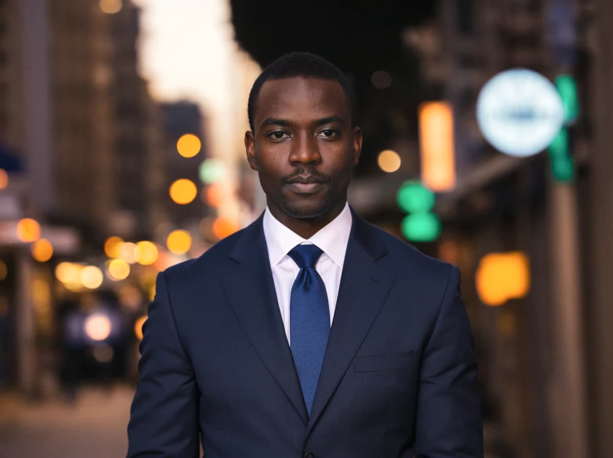 A man dressed in a formal dark suit and a matching blue tie, standing confidently on a bustling city street during the evening. The background is a blur of warm lights and colorful traffic signals, suggesting a lively urban environment