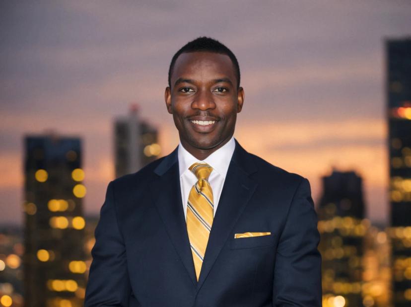 A smiling man in a dark suit with a yellow striped tie stands in front of a city skyline during sunset