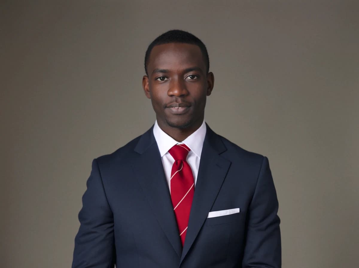 A man in a formal navy blue suit with a white shirt and a red striped tie stands against a solid dark background