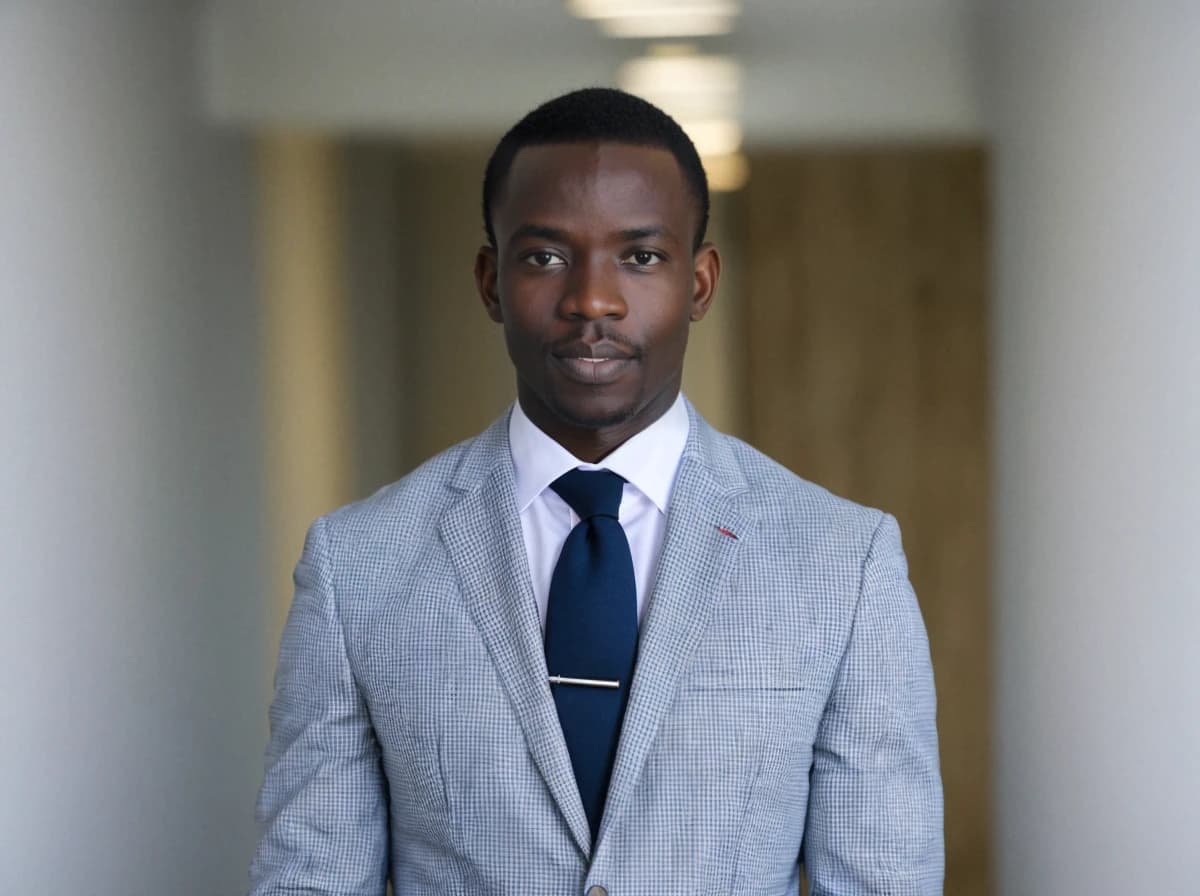 A young African-American man dressed in a formal grey suit with a white shirt and navy blue tie stands confidently in a well-lit hallway, exuding a professional demeanor.