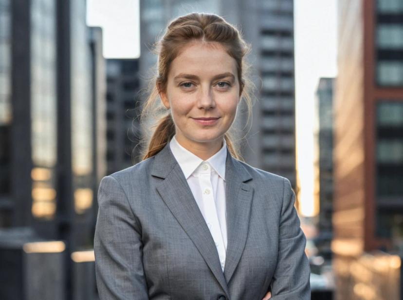 wide professional headshot photo of a young business woman with tied blonde hair wearing a gray blazer over a white dress shirt. She is standing outdoors against office buildings at dusk