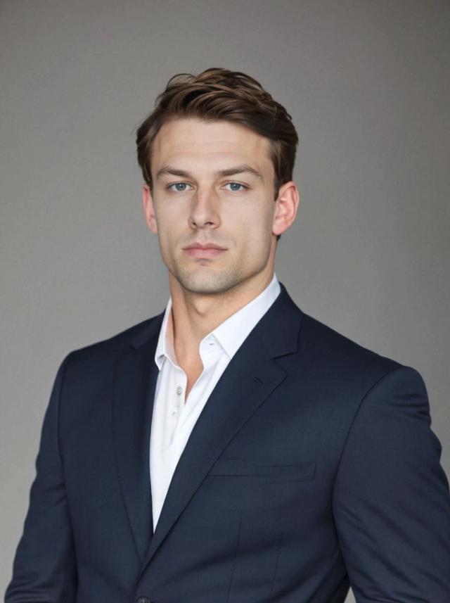 professional headshot photo of a handsome business man with a serious expression wearing a navy suit over a white dress shirt, standing against a solid gray backdrop