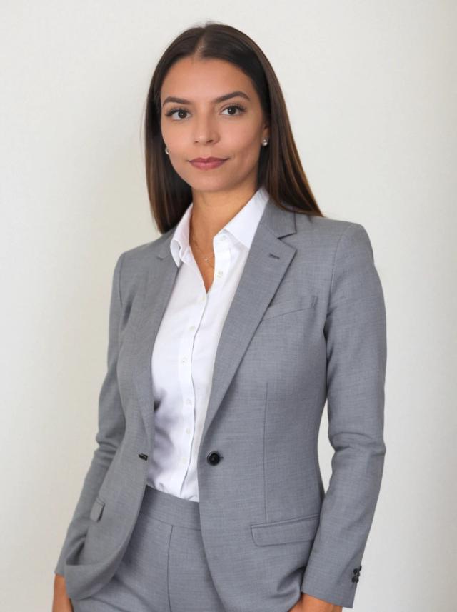 professional headshot photo of a young business woman with straight dark hair and a slight smirk, wearing a light gray business pantsuit and a white dress shirt. She is standing against a solid white background