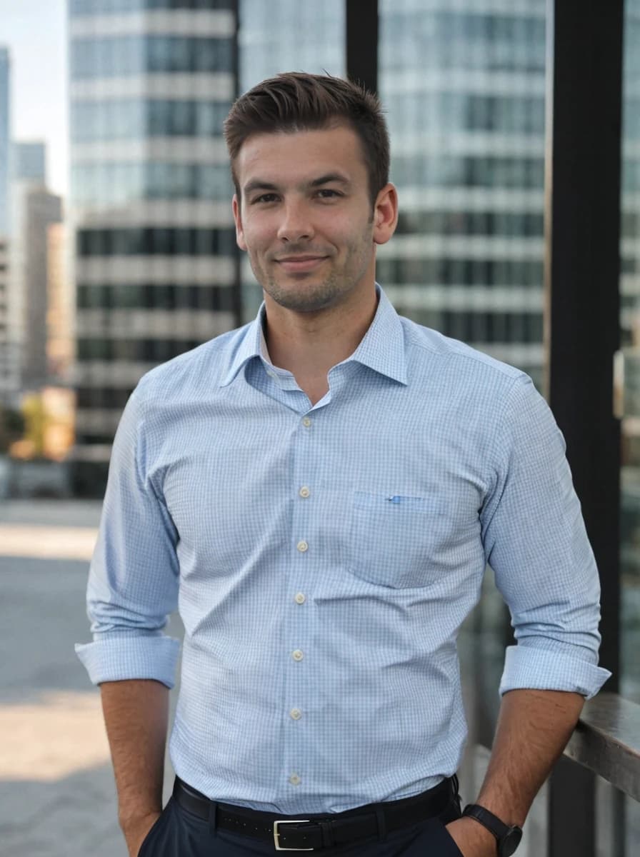 professional headshot photo of a young man wearing a rolled up light blue business shirt with his hands on his pockets. Office buildings background