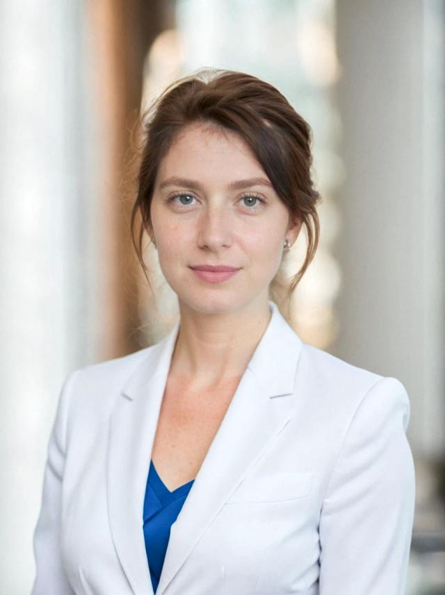 professional headshot photo of a pretty woman with blue eyes, wearing a white business blazer over a blue top. Diffused white background