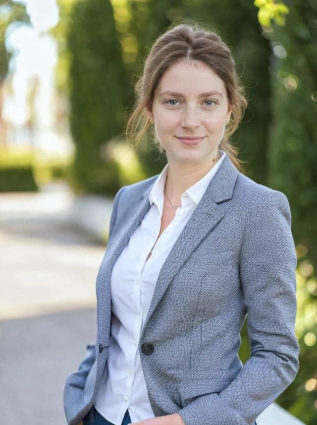 professional headshot photo of a business woman with tied hair standing outdoors wearing a gray blazer over a white button-up shirt. Vegetation in the background