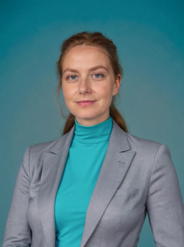 professional headshot of a young woman with a confident expression and tied hair posing against a gradient teal background. She is wearing a gray blazer over a teal turtleneck shirt