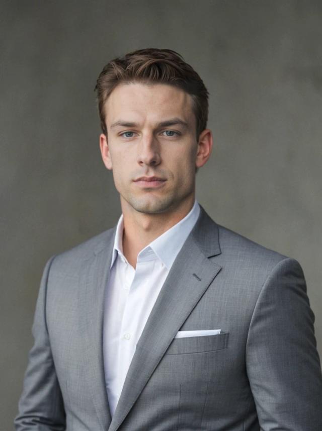 professional headshot photo of a handsome business man with a serious expression wearing a light grey suit over a white dress shirt, standing against a grey pattern backdrop
