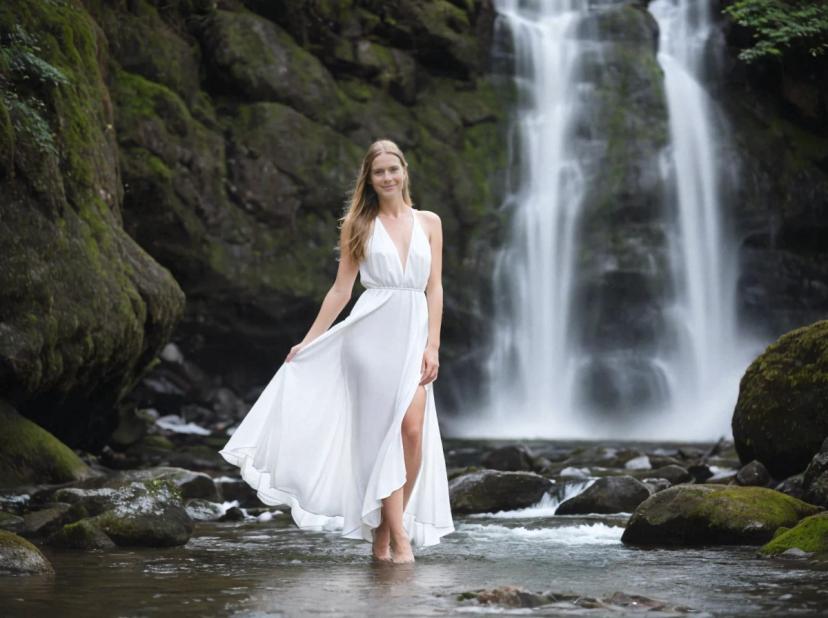 A woman wearing a flowing white dress stands in a shallow stream with moss-covered rocks, facing a cascading waterfall surrounded by lush greenery.