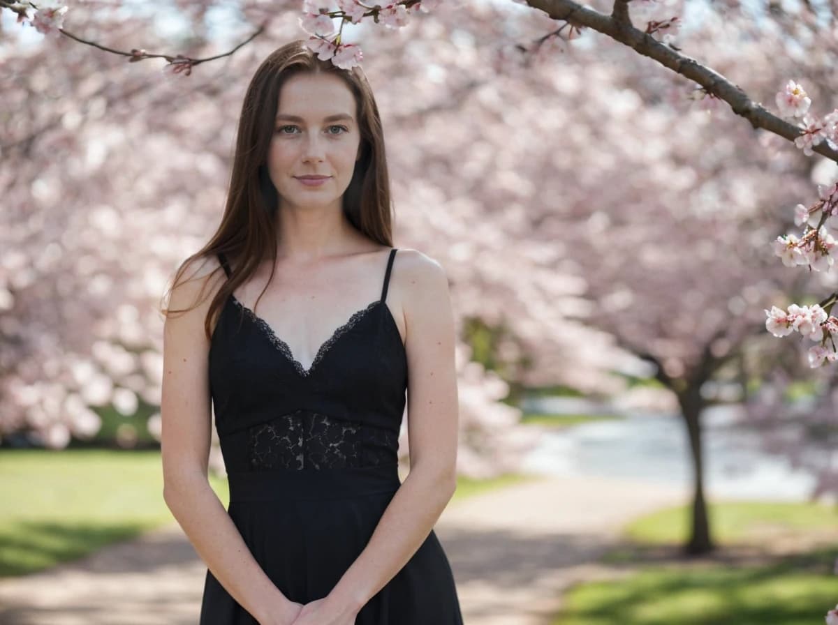 A woman in a black sleeveless dress standing under cherry blossom trees with pink flowers, with a clear blue sky and green grass in the background.